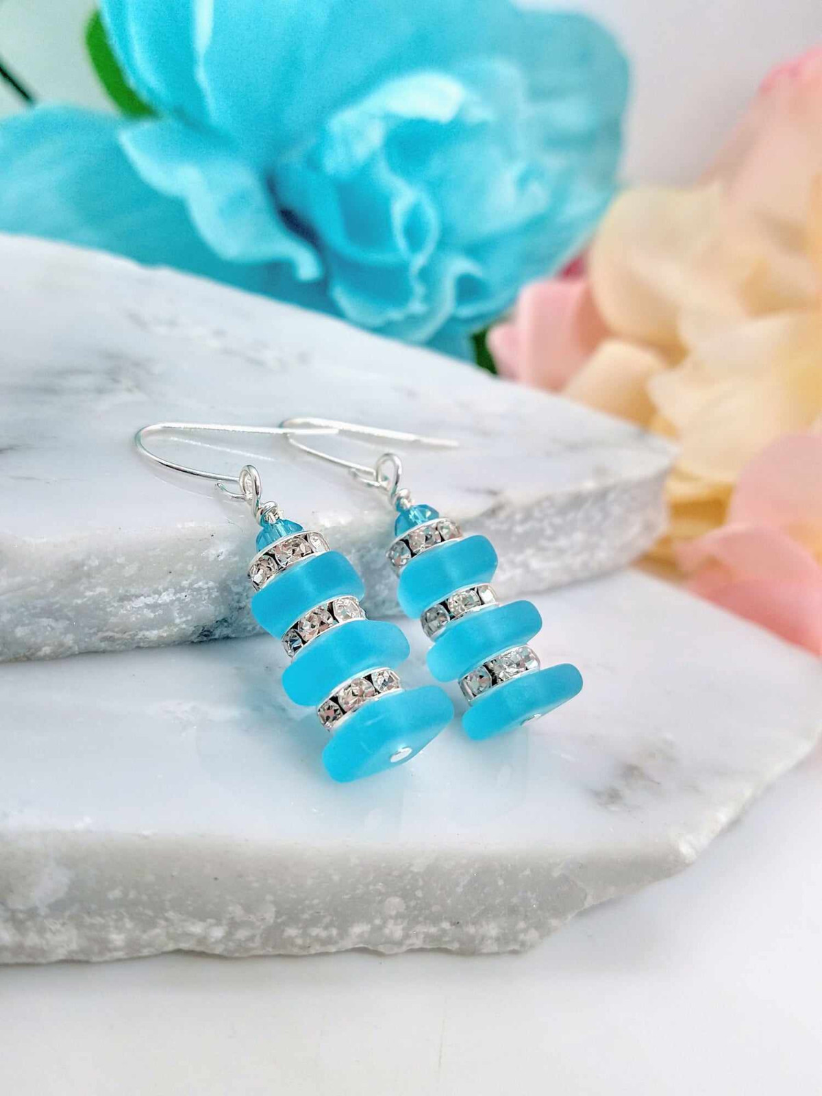 Stacked Lt. Blue Sea Glass Earrings, Gift For Her, Handmade, Minimalist Jewelry
