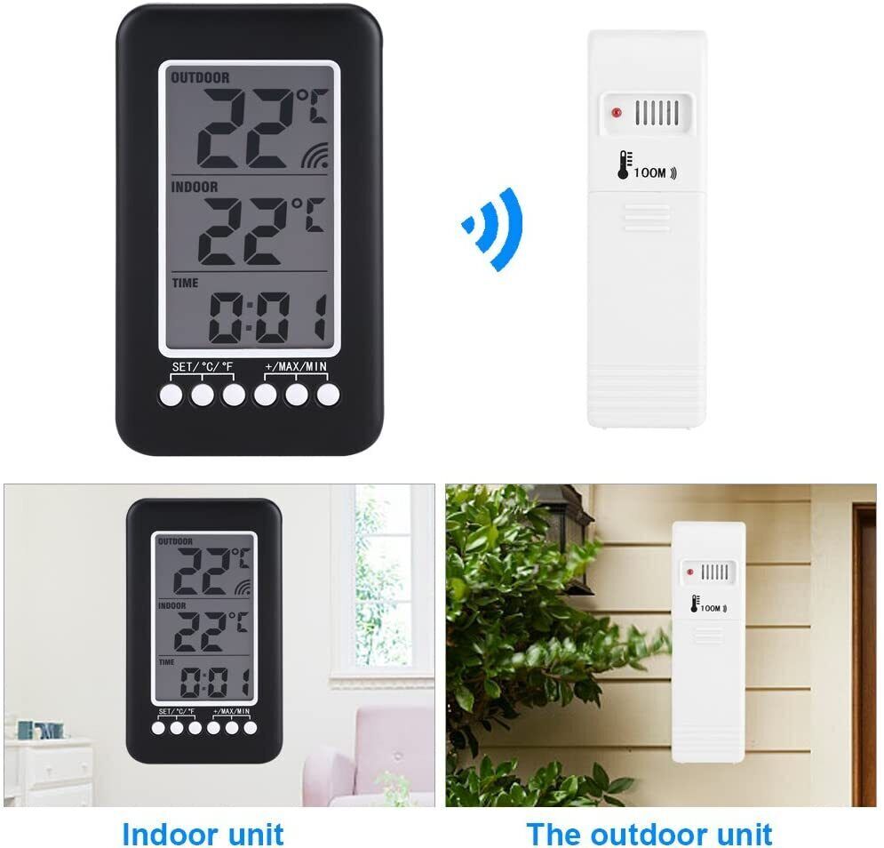 Digital Thermometer Clock Indoor/OutdoorTemperature Wireless Transmitter Meter