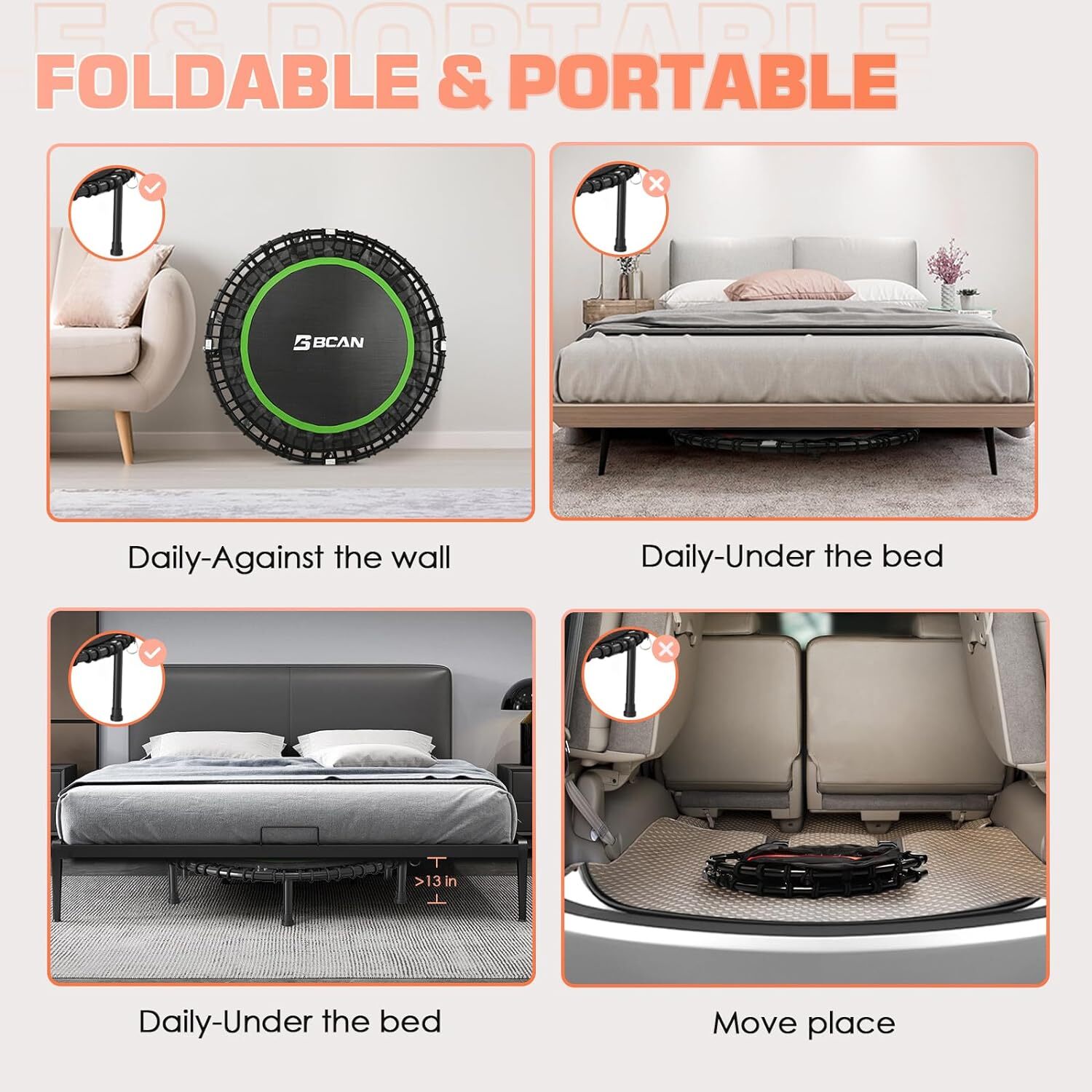 550LBS Foldable Mini Trampoline,48" Fitness Trampoline with Durable Bungees