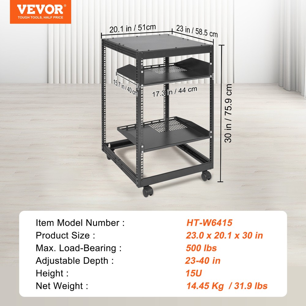 VEVOR 15U 4 Post Open Frame Server Rack Network Enclosure 23''-40'' Adjustable