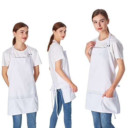 2 Pack 3 Pockets Adjustable Bib Apron Chef Kitchen Cooking Polyester White