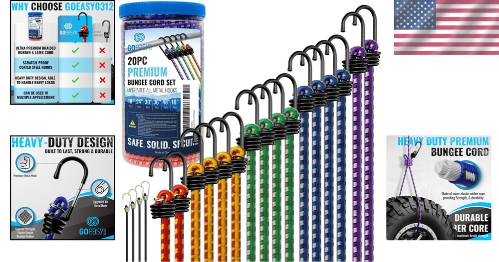 Heavy Duty Bungee Cords Set - 20 Pcs Assorted Sizes