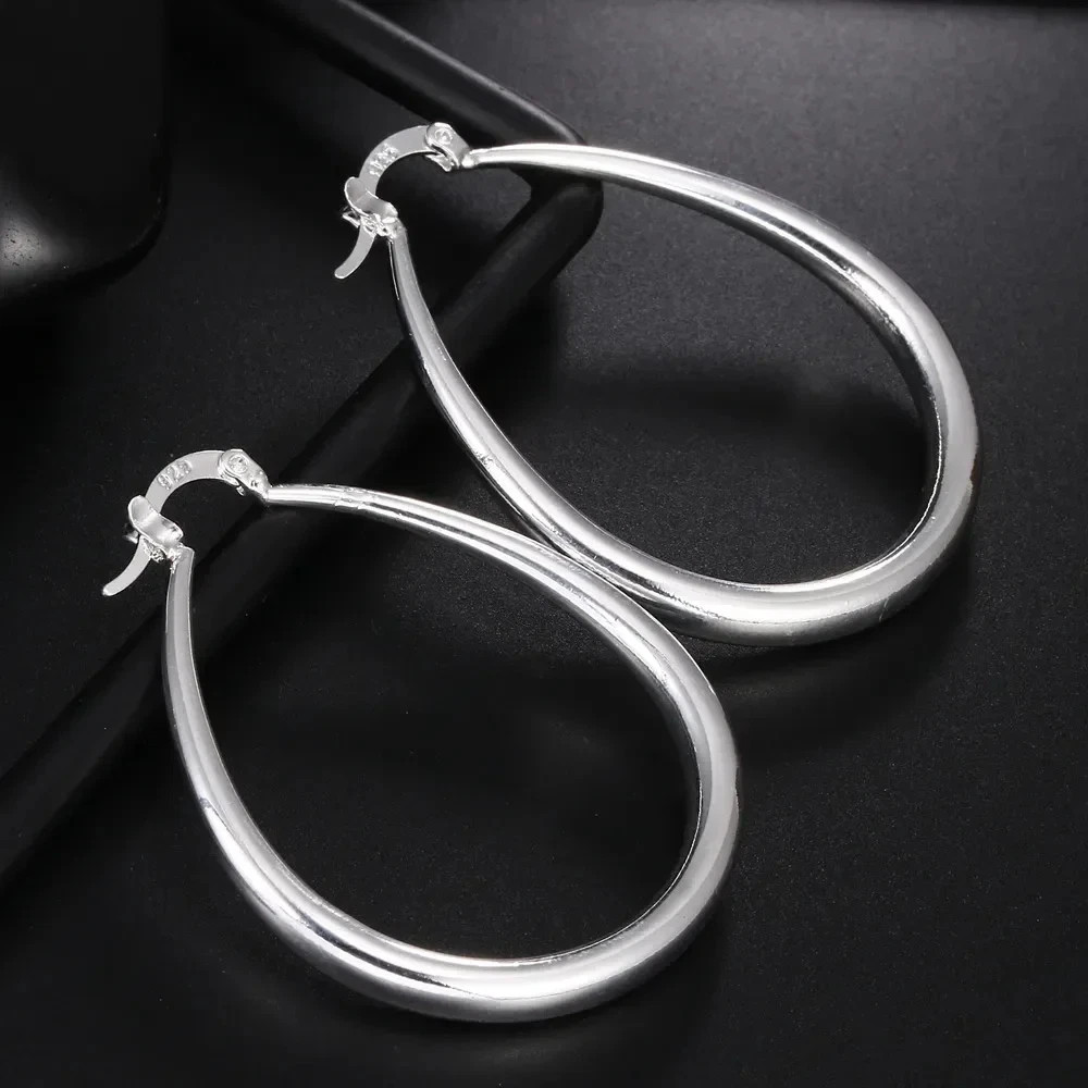 Womens 925 Sterling Solid Silver Elegant Oval Shaped Extra Large Hoop Earrings