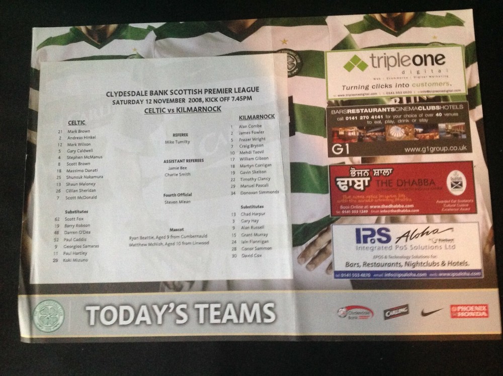2008/9 Celtic v Kilmarnock November teamsheet