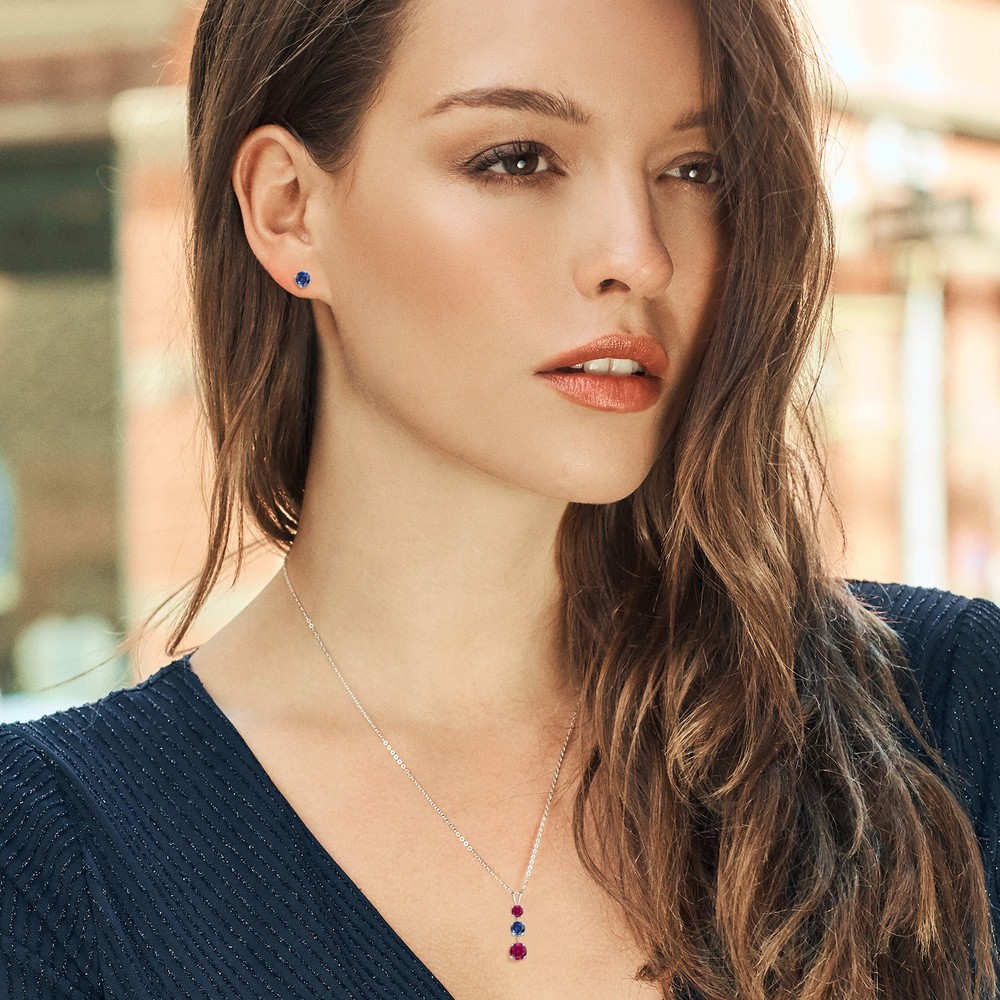 925 Sterling Silver Created Ruby and Created Sapphire Pendant and Earrings