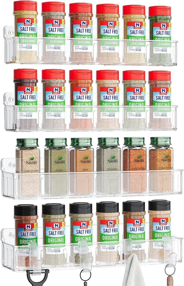 Easy Installation Wall Mount Spice Rack - 4 Clear Shelves for Kitchen Efficiency