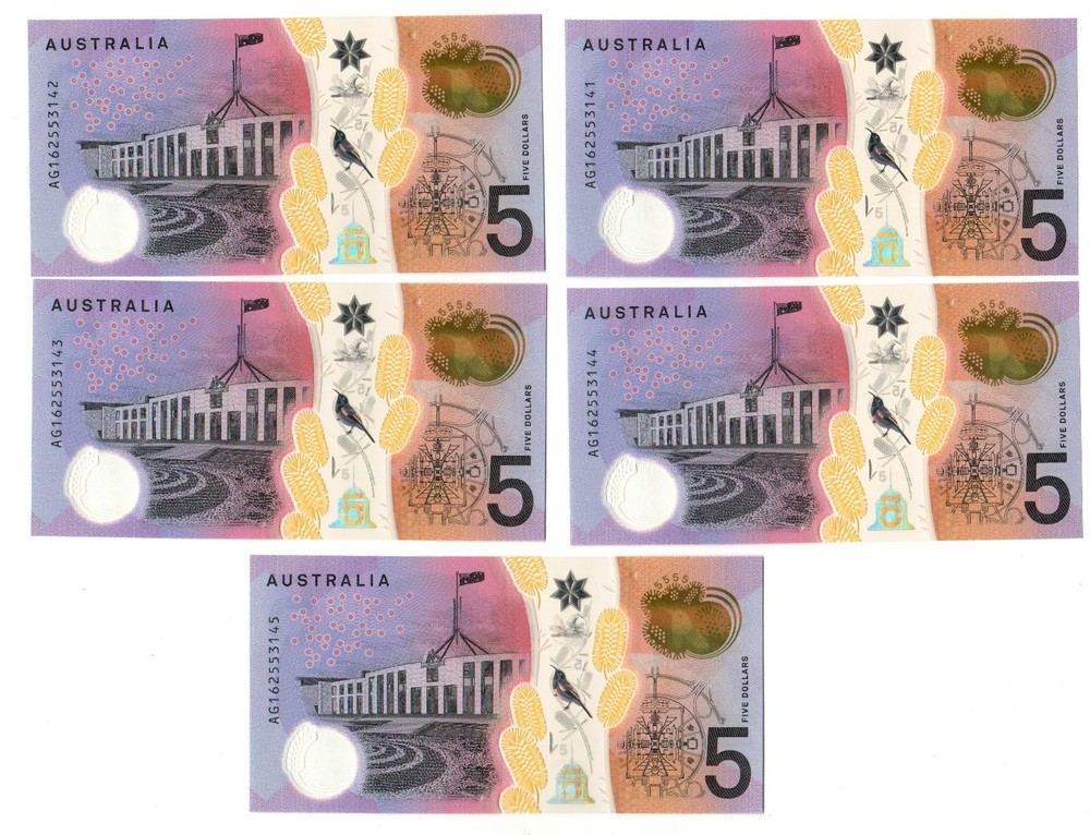 Australia 2018 - 5 Consecutive 5 Dollars UNC Polymer notes - Elizabeth II - #1