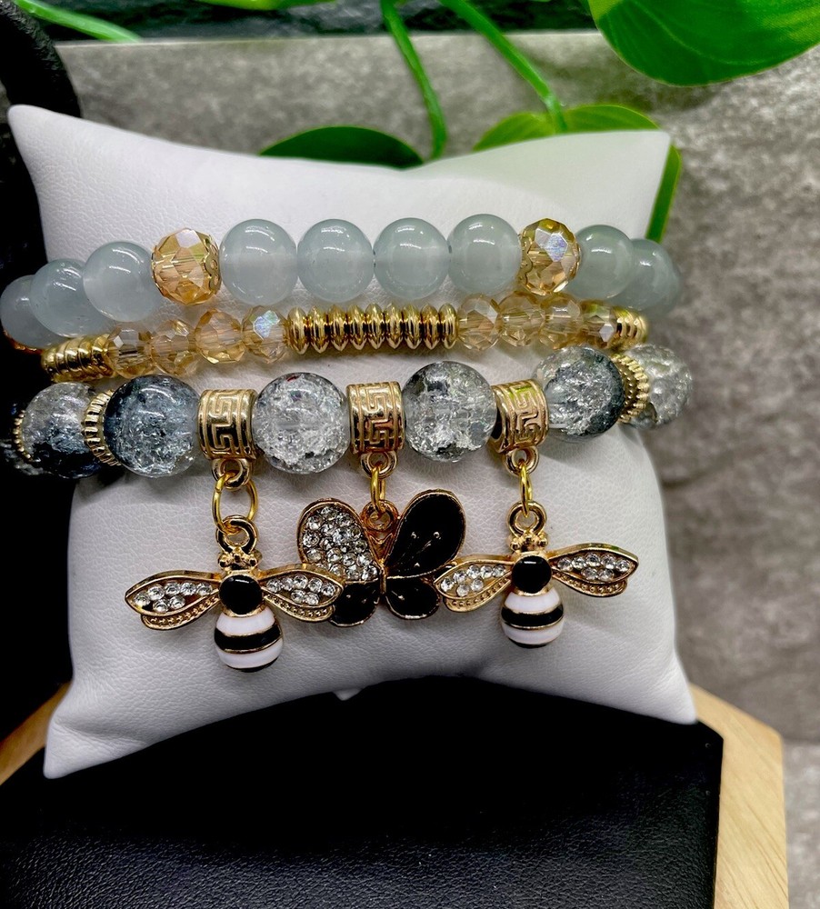 3 PC Handmade Boho  Beaded Stackable 6.5” Plus Stretch Bracelet Set New B1342