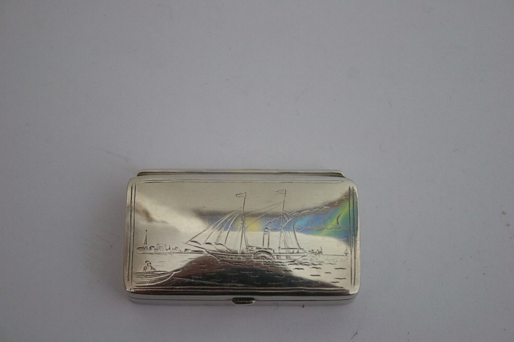 Sterling solid silver stamp box with paddle steamer engraving Elizabeth II