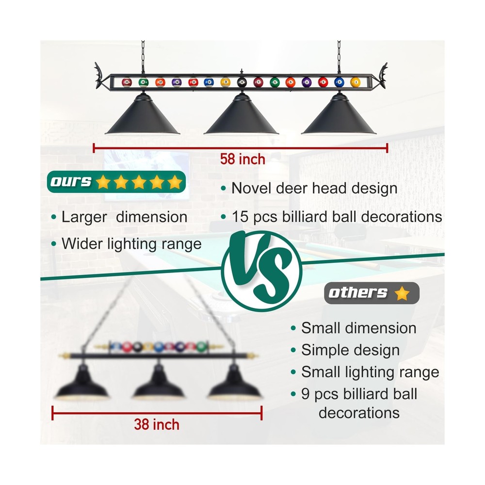 Pool Table Light, 58" Billiard Light for 7' 8' 9' Pool Table, Hanging Billiar...