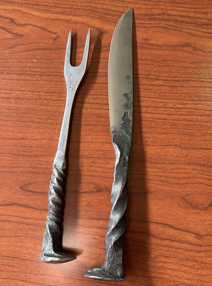 Hand-Forged Railroad Spike Knife & Fork Set – Blacksmith Made Rustic Tools