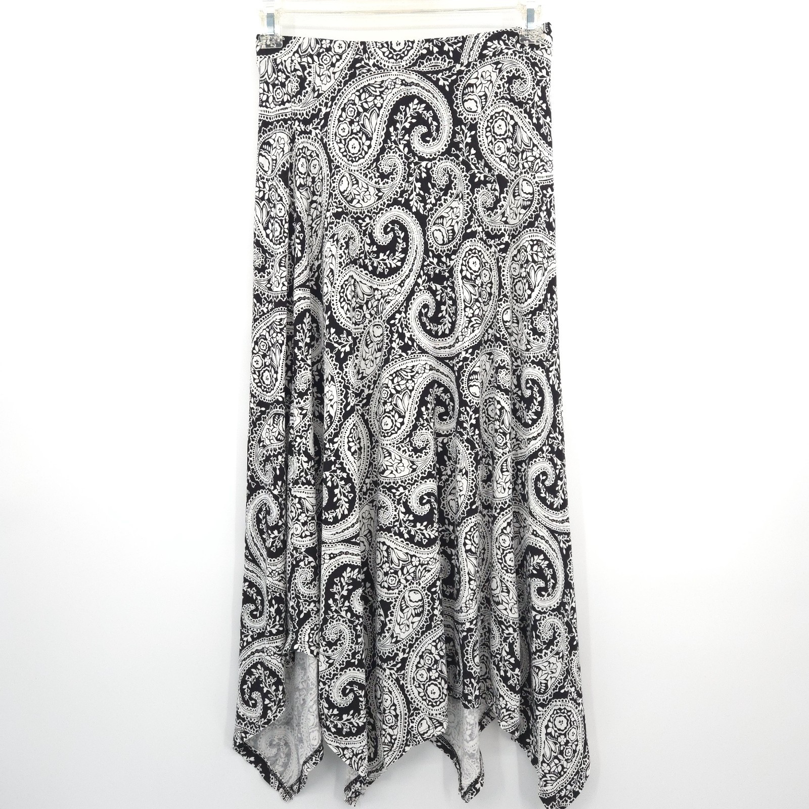 Chico's stretch knit midi skirt Size 0 (S) paisley black/white shark hem pull-on