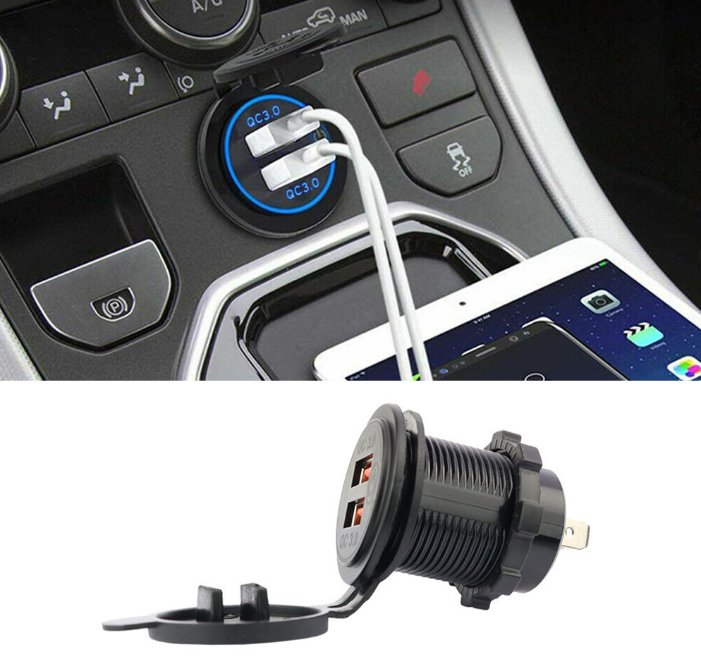 12V Car Cigarette Lighter Socket Dual QC 3.0 USB Port Charger Power Outlet LED