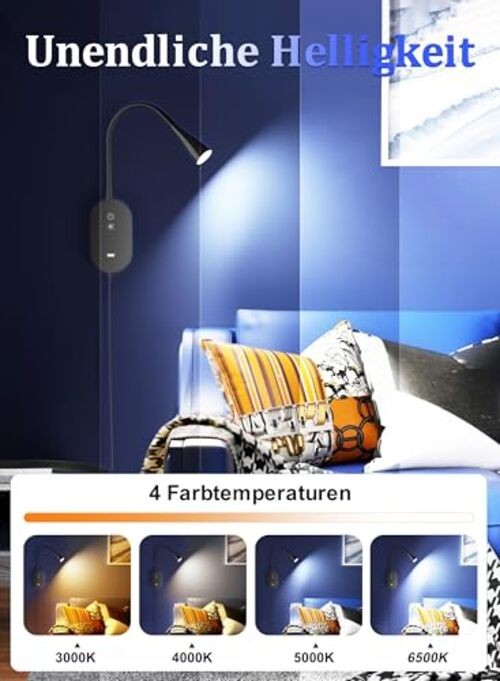 Wall Reading Light for Bed – 4 Color Modes, 5‑Level Dimmable Reading Black