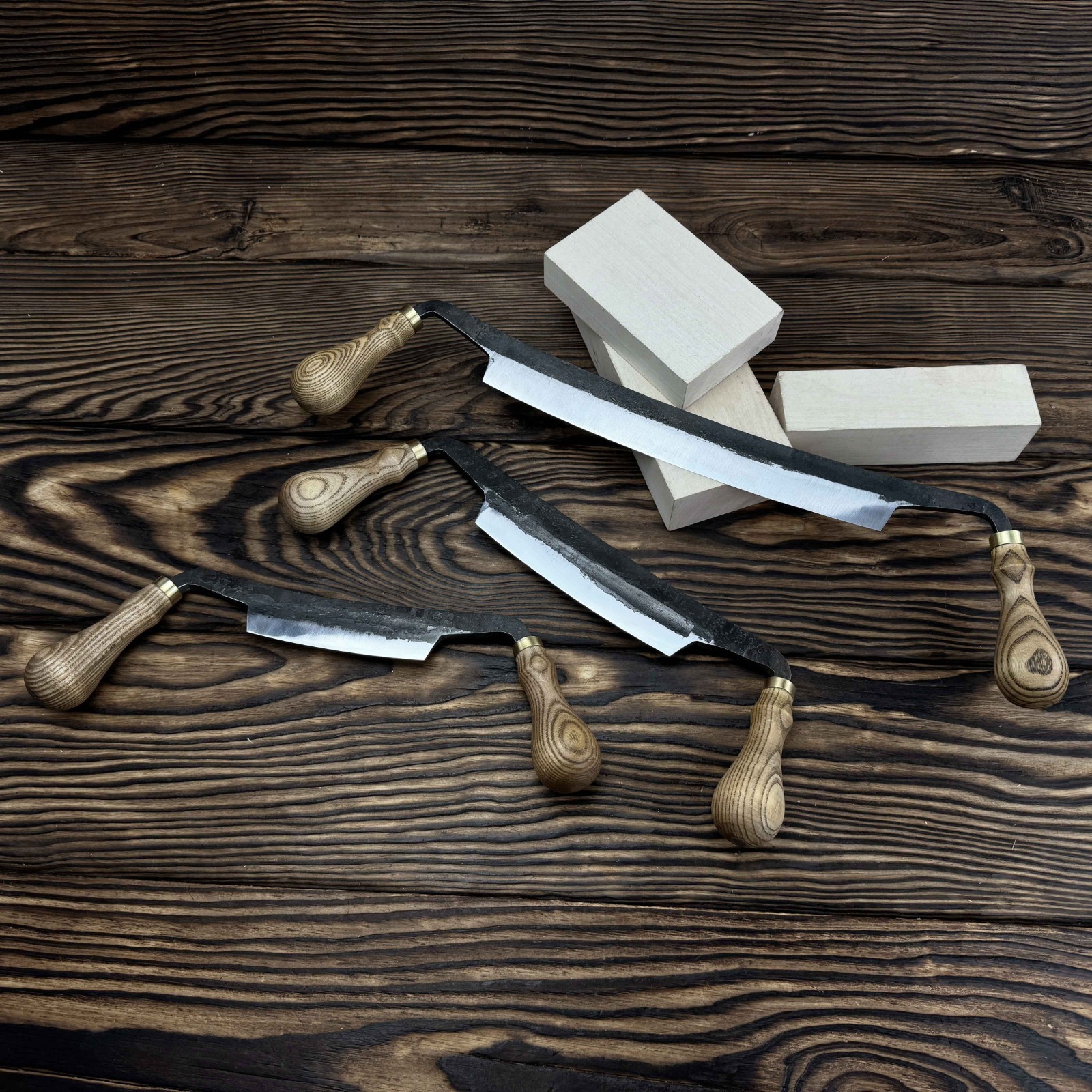 Straight Drawknife Hand-Forged 3-piece Set Ash Handles Steel Blades Gift.
