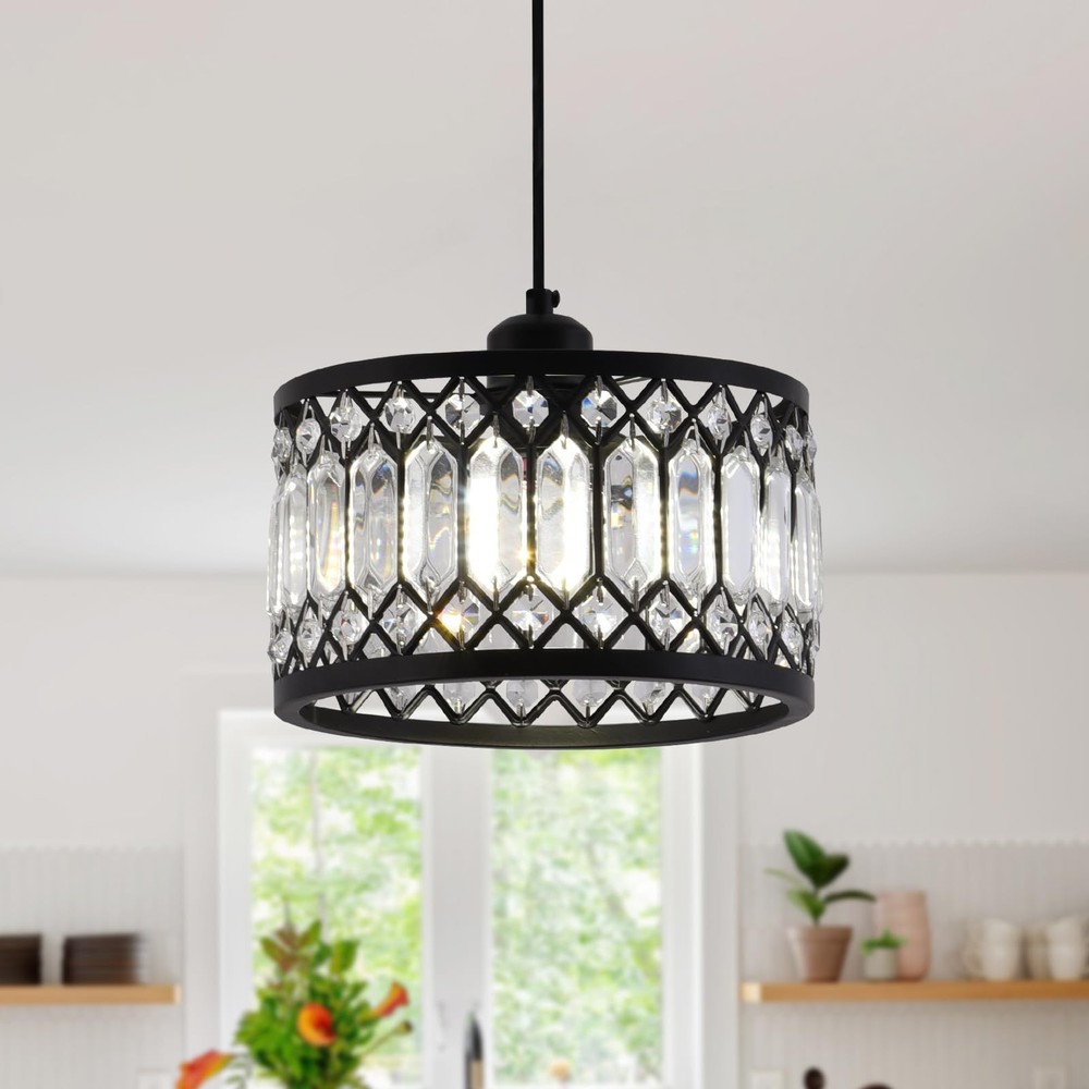 Crystal Black Pendant Light Fixture, Modern Hanging Ceiling Light Adjustable ...