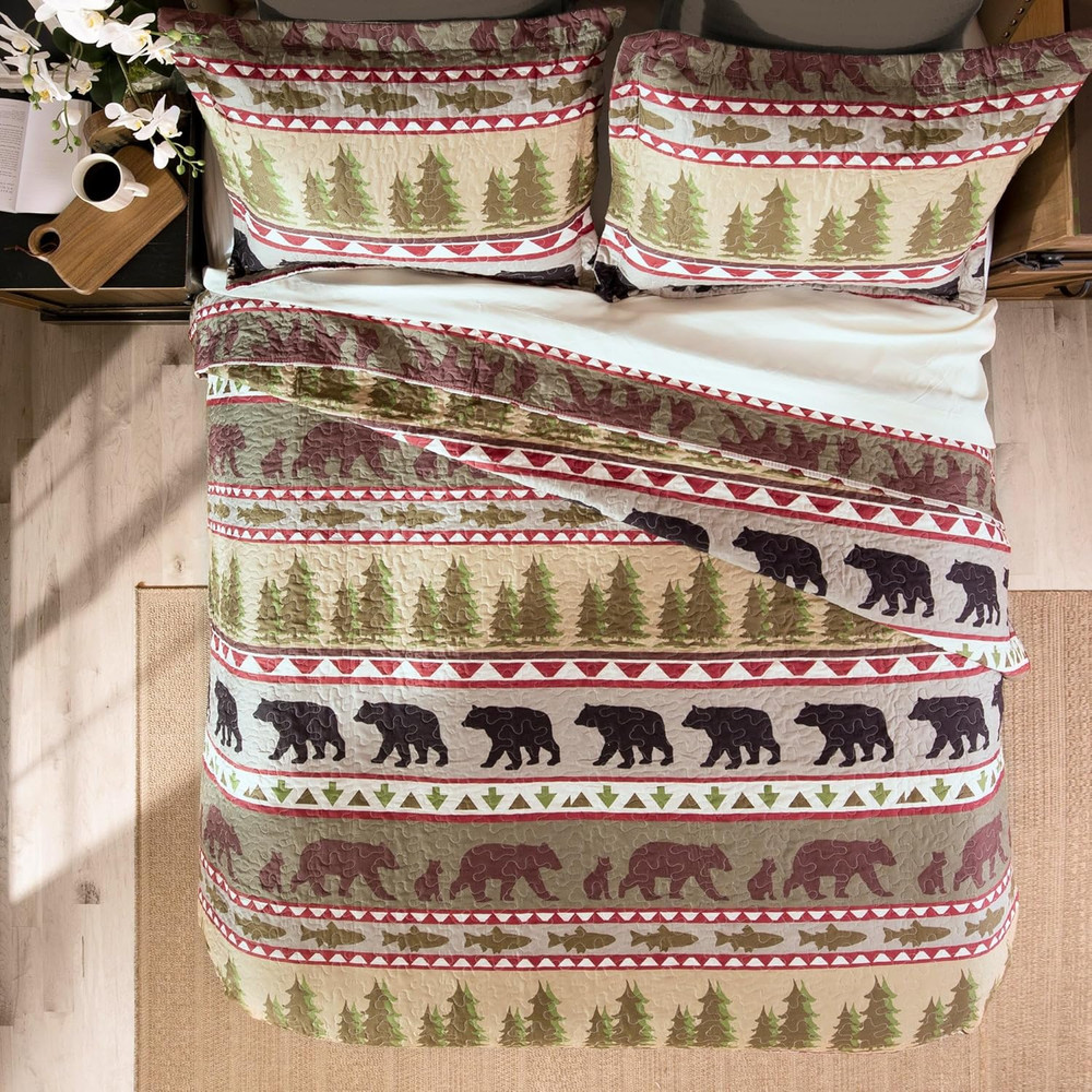 Rustic Bear Stripe Microfiber Quilt Set - 3-Piece Full/Queen Bedding