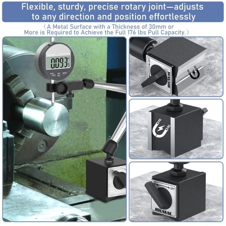 Magnetic Base Stand for Dial Indicator - 176 lbs Max Pull, Adjustable Silver