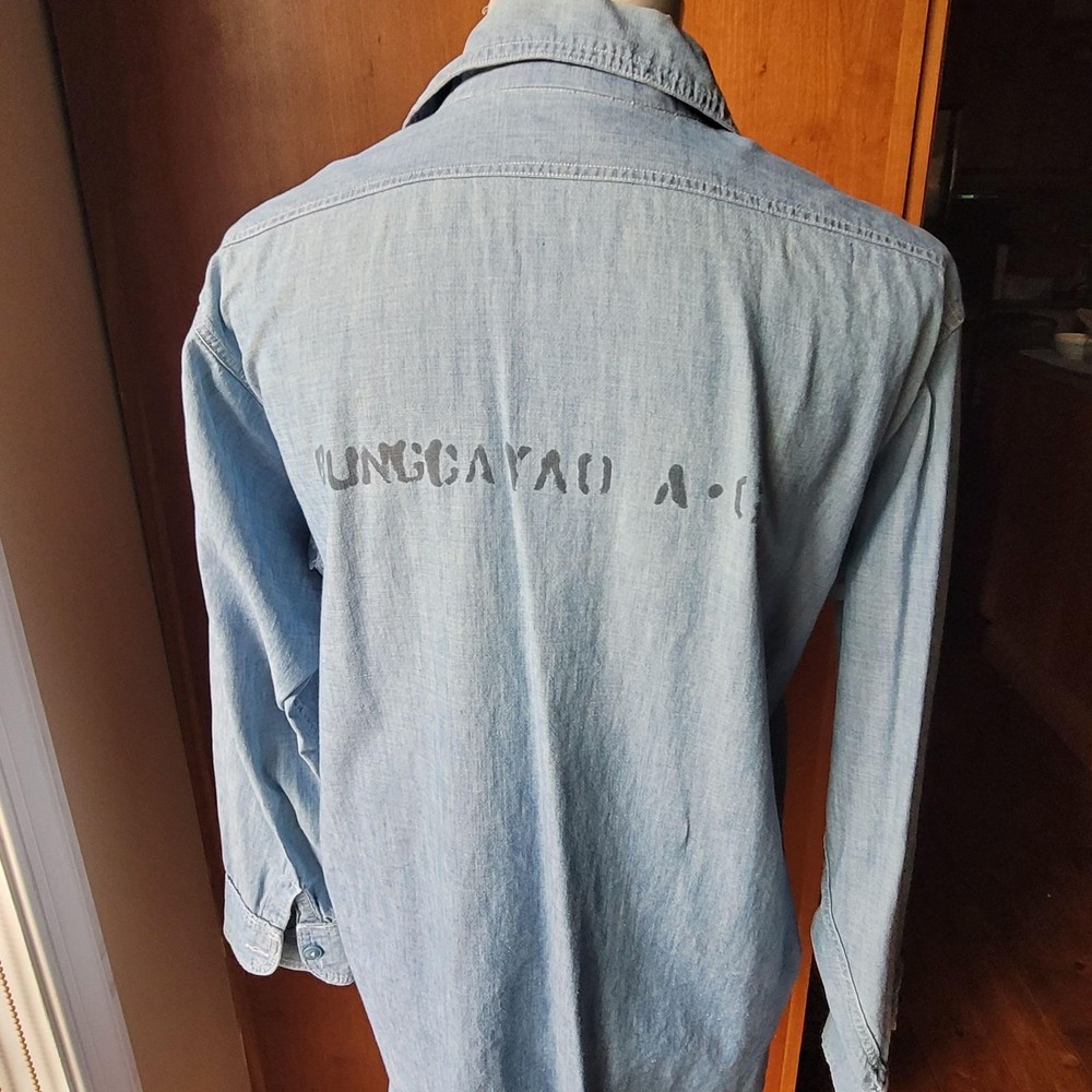 Vintage WWII US Navy Chambray Button Down Shirt Distressed 1940s