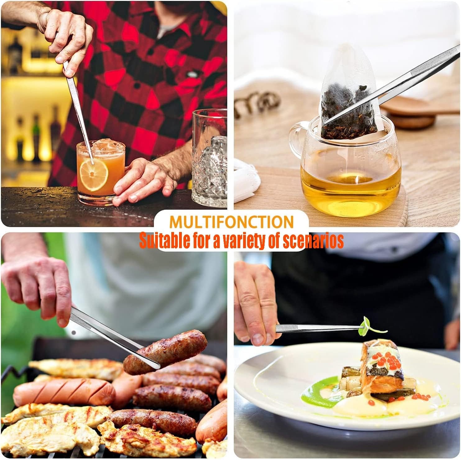 2Pcs Stainless Steel Kitchen Tweezers, 12-Inch Culinary Fine Tweezer Tongs Food.