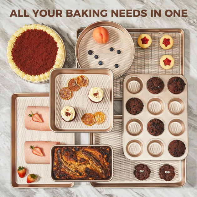 New 9-Piece Nonstick Bakeware Set – Stackable Gold Baking Pans with Rack