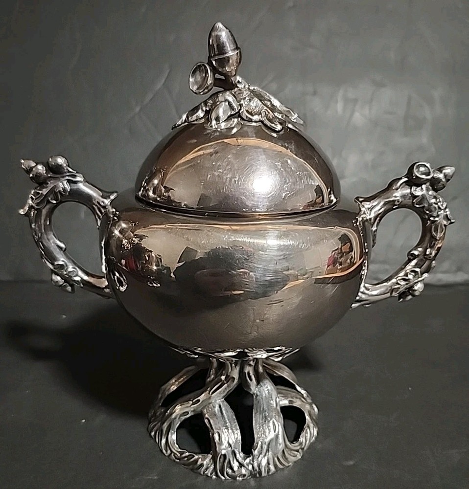 Antique Silver Plated Acorn Shaped Coffee Pot 3pc Set Acorns Tree Trunk Base