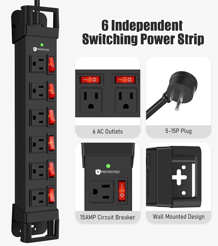 Safe and Durable 6 Outlet Surge Protector with Cord Management & Flat Head Plug