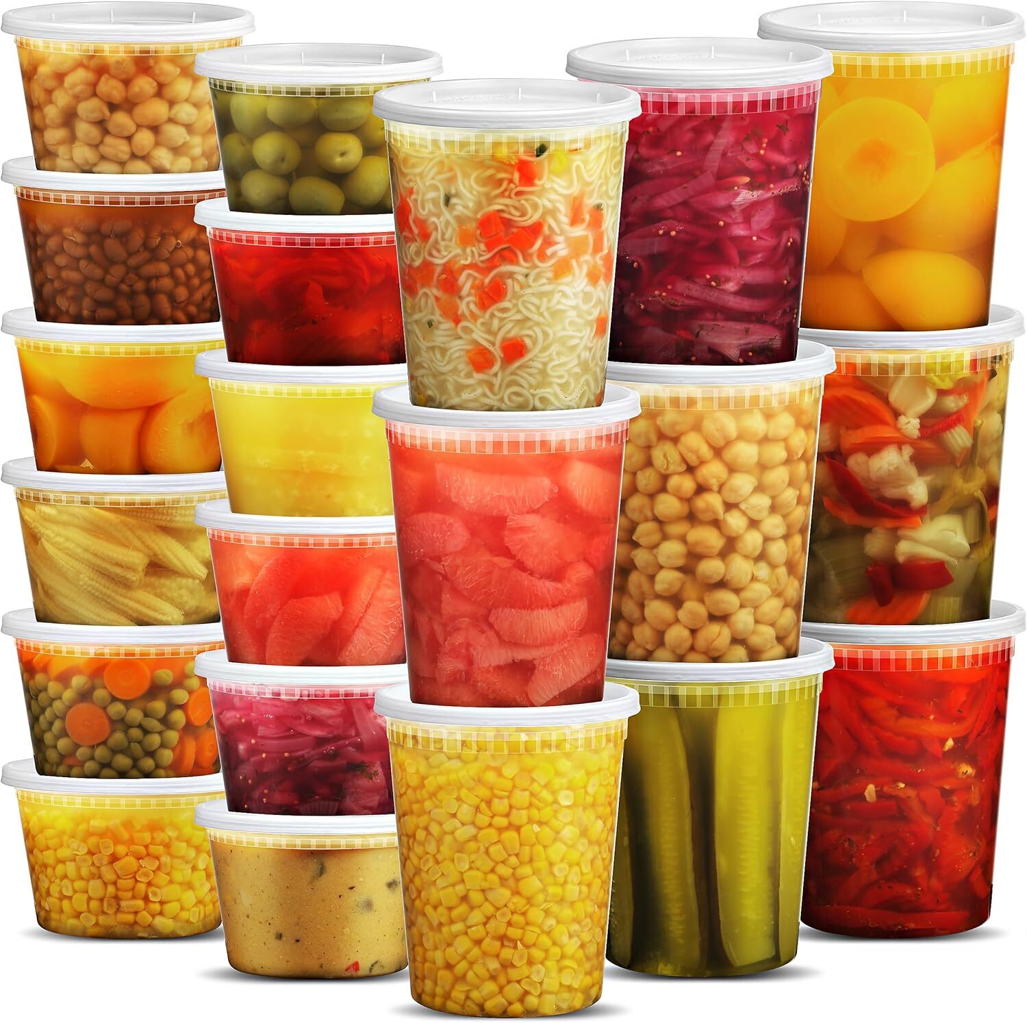 Food container with 54 lids -24-32 oz quart size and 24-16 oz pint size