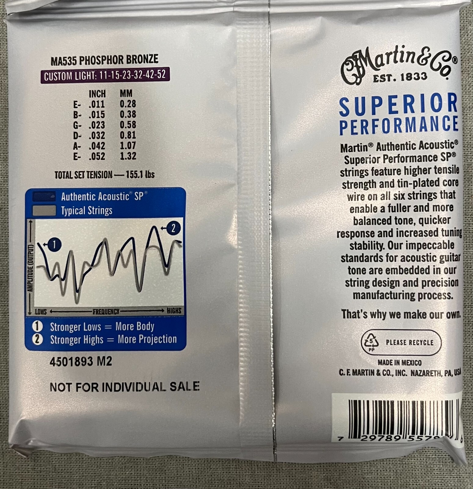 Martin MA535 SP Phosphor Bronze Auth Guitar Strings Custom Light 11-52 (3 PACK)