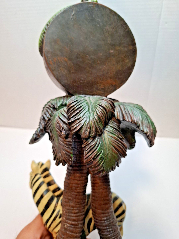 Zebra clock resin sculptured under palm trees 15"Ht. Functioning Clock