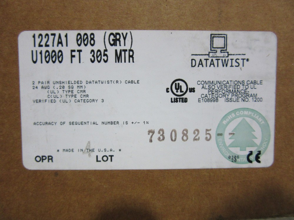 1000' Belden 1227A1 008 Communications Cable 2-Pair Unshielded DataTwist Cable