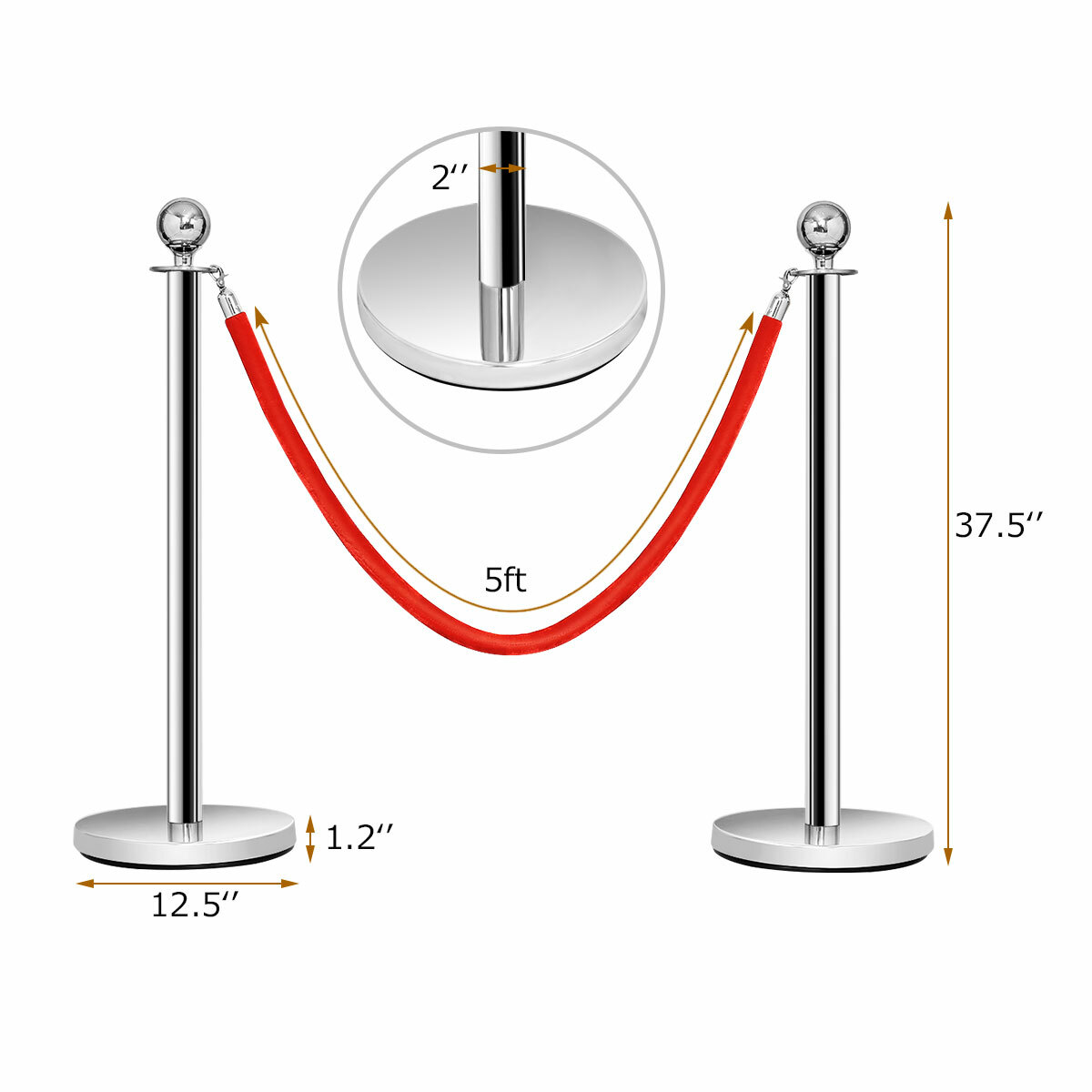 6Pcs Stanchion Posts Queue Pole Retractable 3 Velvet Ropes Crowd Control Barrier