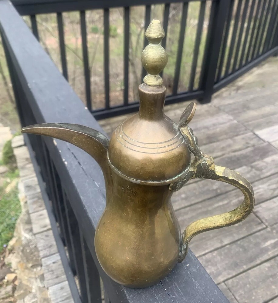 Vintage Handmade DALLAH Arabic Turkish Solid Brass Coffee Pot 10”T, Signed