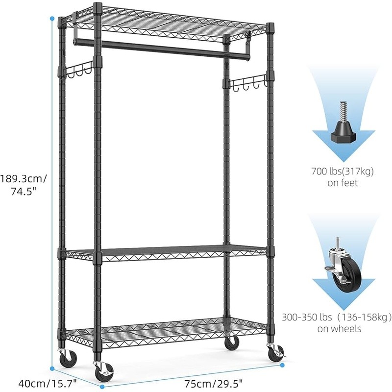Heavy Duty Rolling Clothes Rack Adjustable Garment Organizer W/ Lockable Wheels