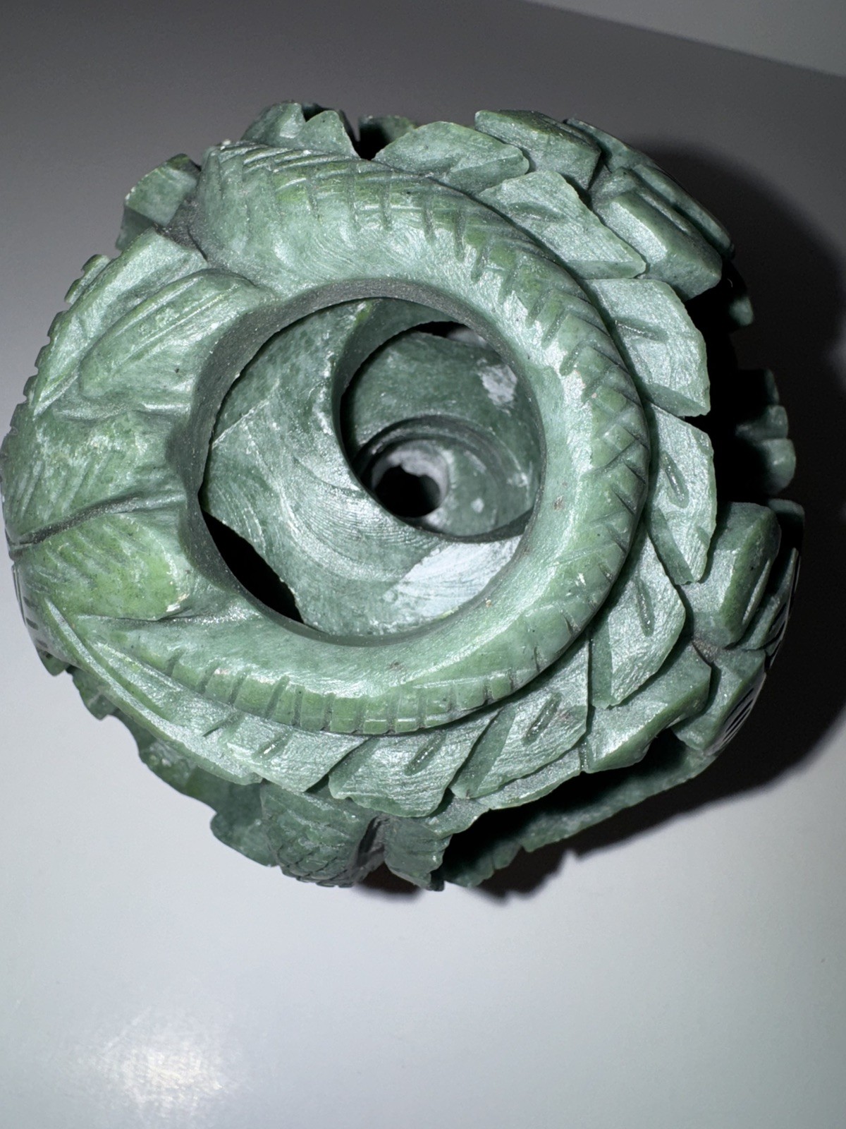 Beautiful Hand Carved Dragon 4 Layers Green Jade Puzzle Sphere Ball w/ Stand