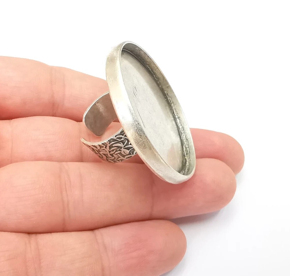 Round Antique Silver Ring Blank Setting, Cabochon Mounting, Adjustable Resin