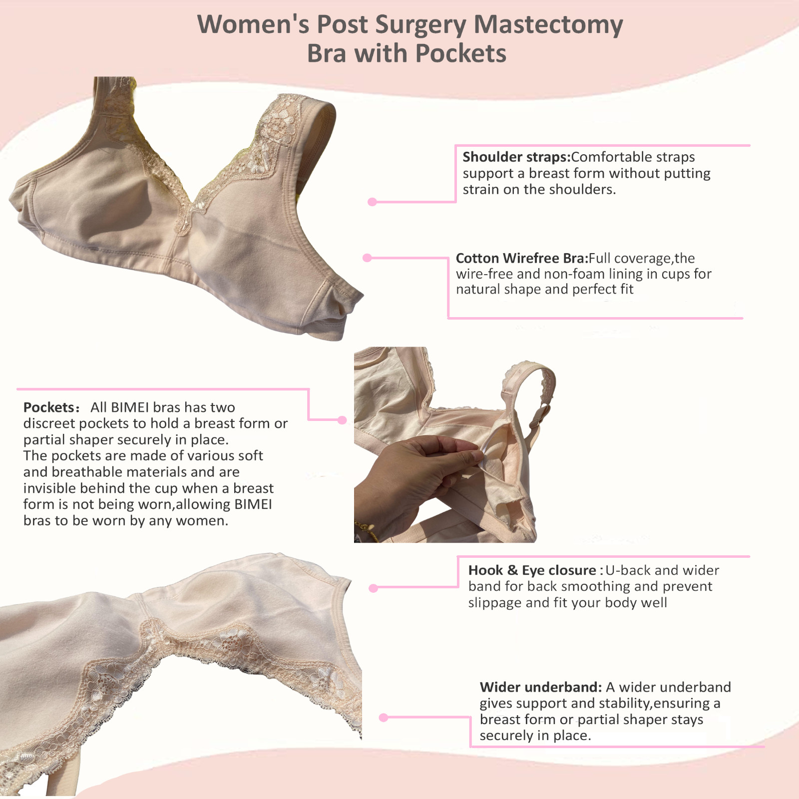 Plus Size Post-Surgery Mastectomy Bra Full Cup Wireless Compression with Pockets