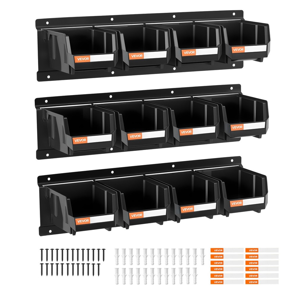 VEVOR Wall Mounted Storage Bins 12 pcs Hanging Stackable Storage Bin Black