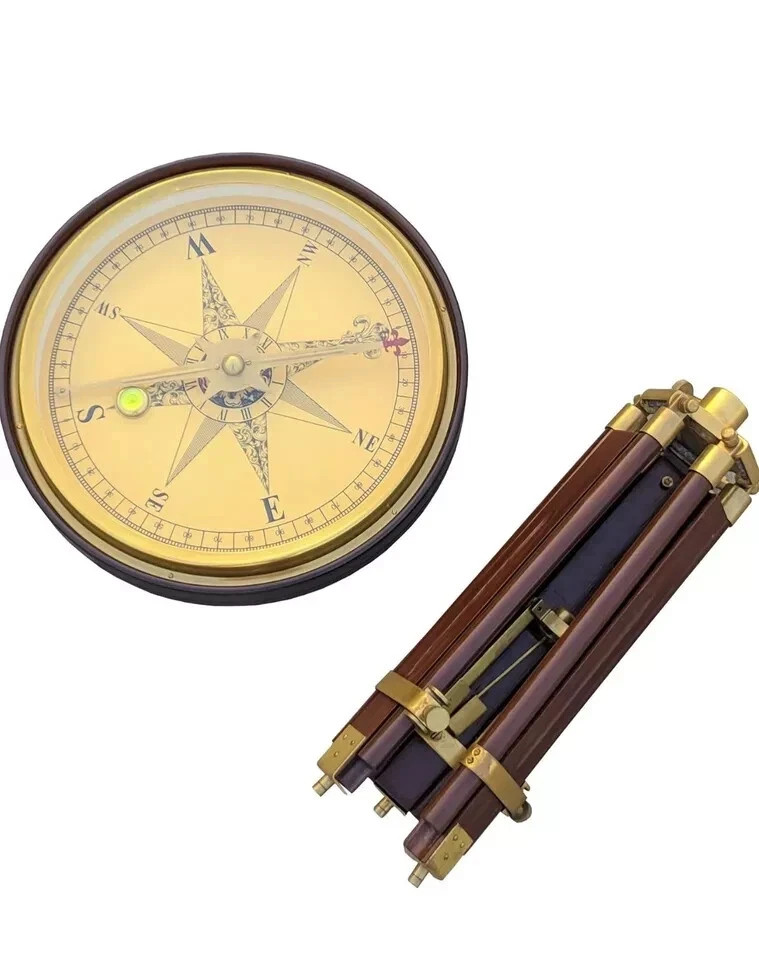 Antique Brass Large Compass Coffee Table, Side Table Working Compass With Tripod