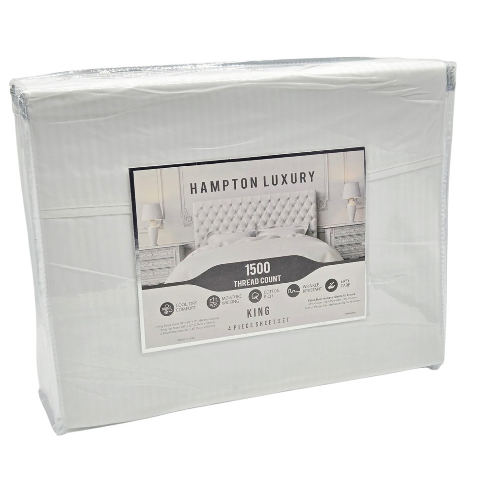 Hampton Luxury King Size 4pc White Sheet Set 1500 Thread Count Cotton Blend