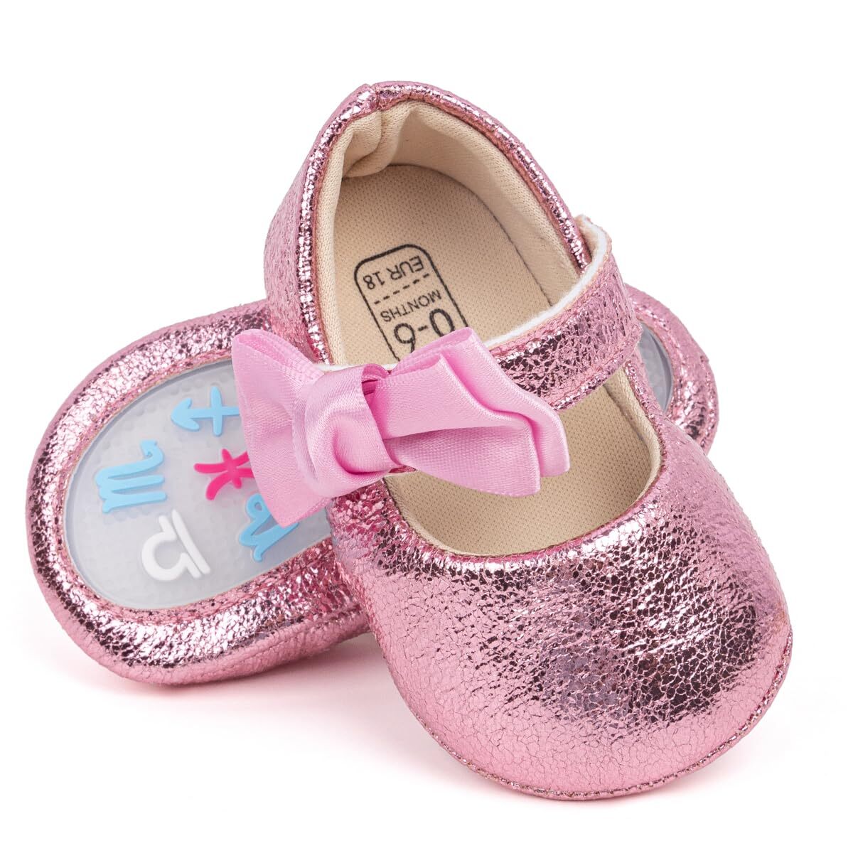 Baby Girls Mary Jane Flats Non-Slip Bowknot Crib Shoes (HM5313 Gold,12)