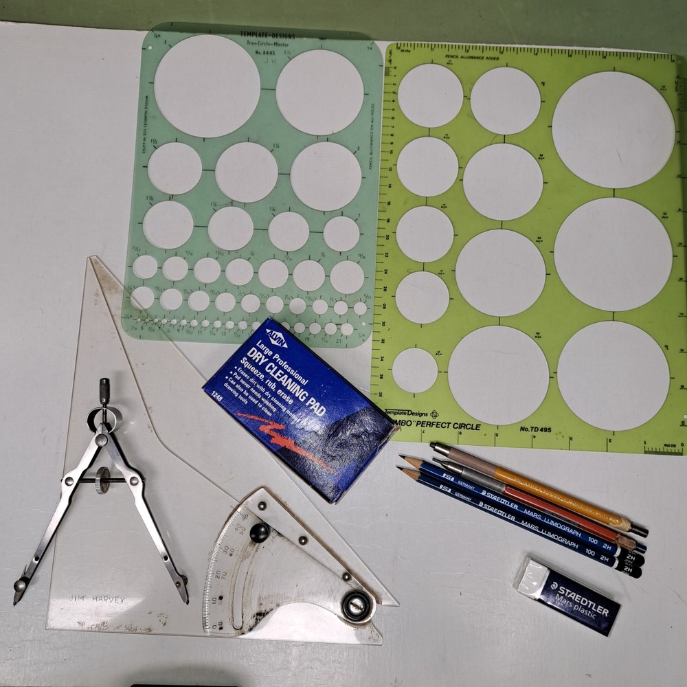 Drafting Tools Lot Adjustable Triangle Compass Templates Pencils engineer-VTG