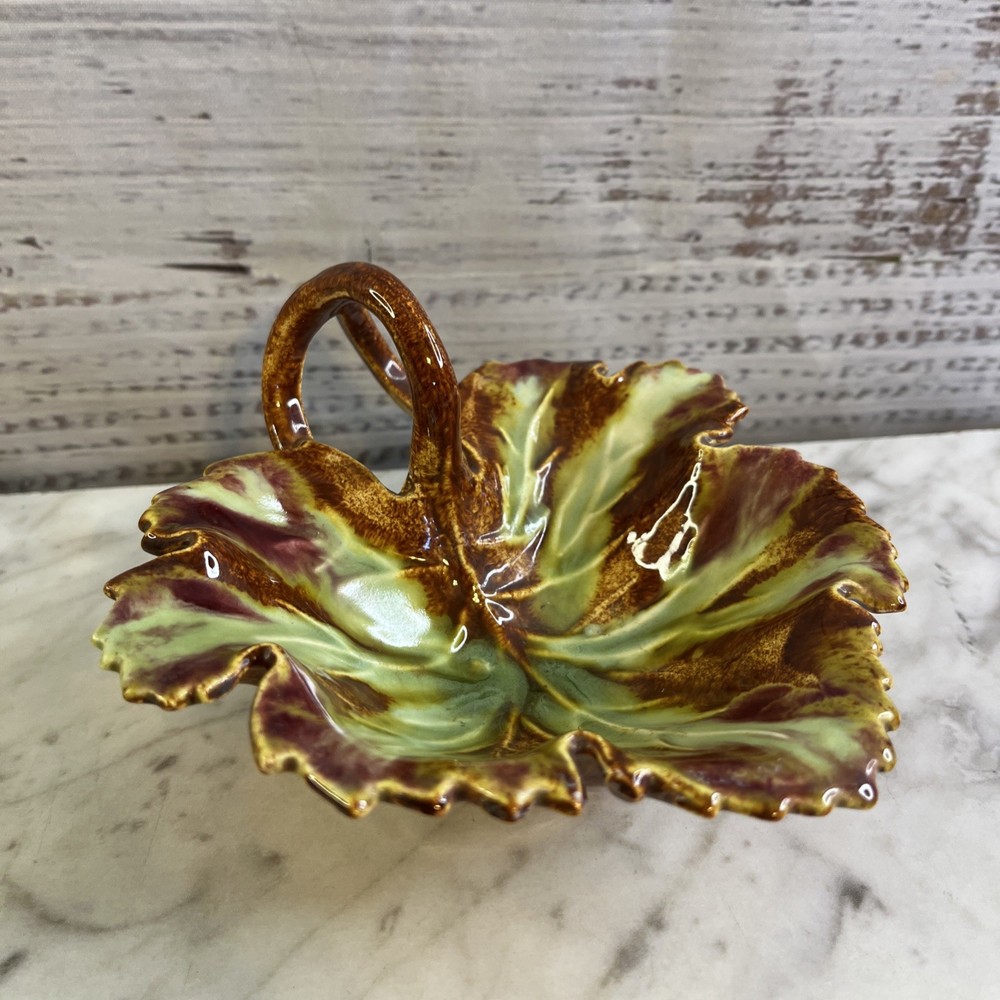 Vintage Maple Leaf Dish Green Brown Ceramic Double Loop Handle MCM