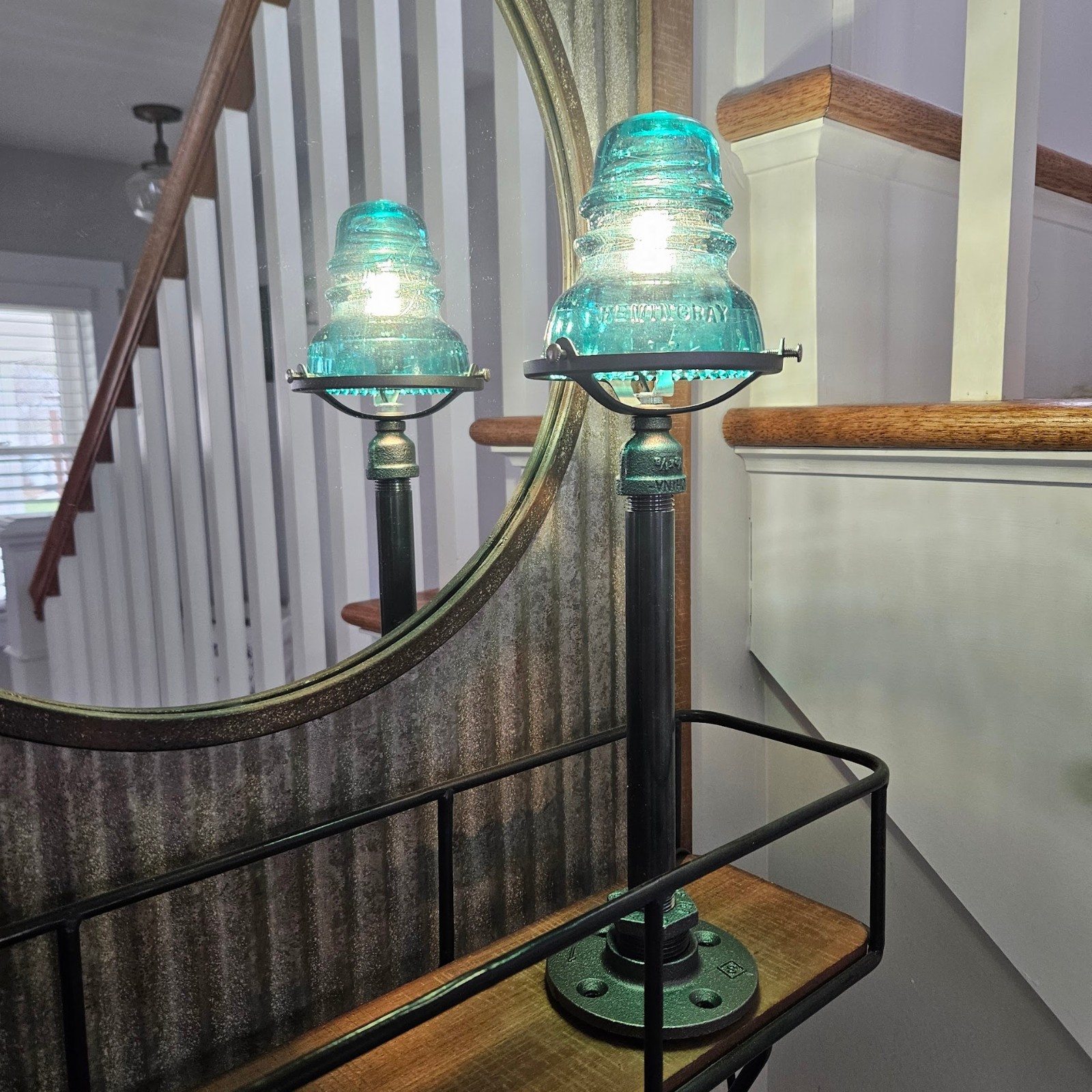 Glass Insulator and Industrial Pipe Table Lamp. Steampunk Lamp.