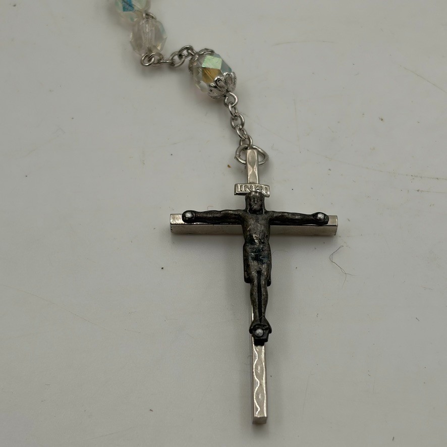 Vintage PLAIN SIMPLE SILVER TONE 2" CRUCIFIX Catholic CRYSTAL BEADS- ROSARY