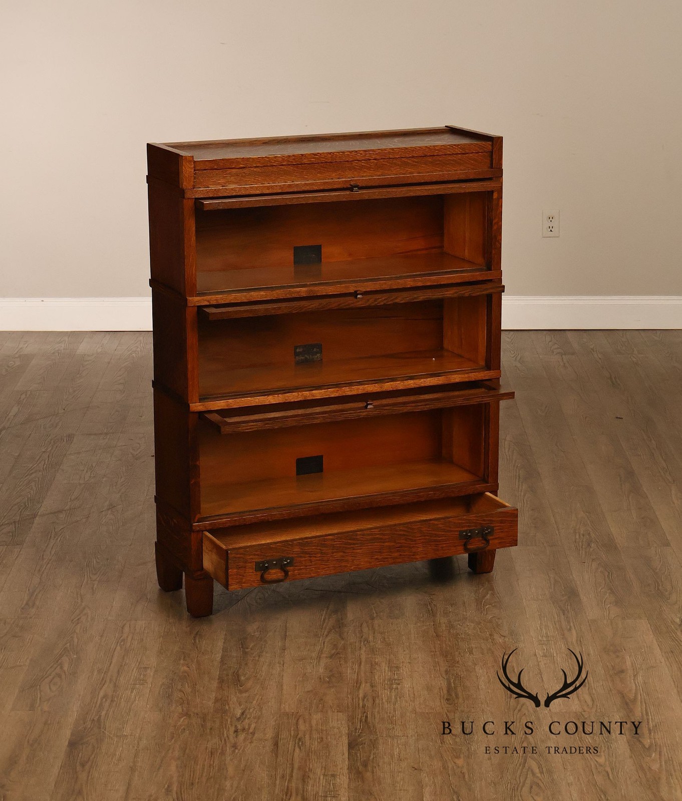Antique Globe Three-Stack Barrister Bookcase With Base Drawer