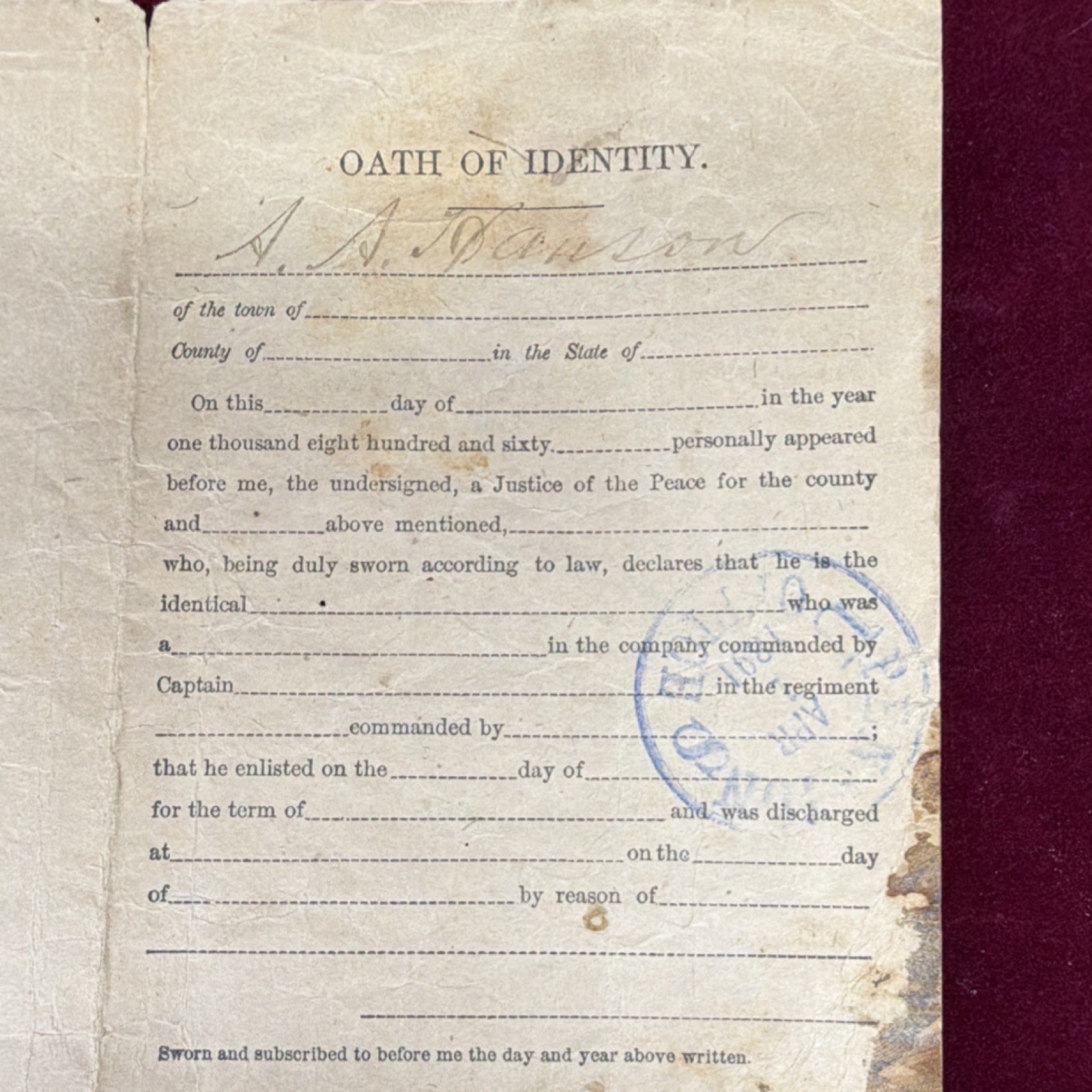 United States Military Discharge Paper Silver War Era Dated August 1865