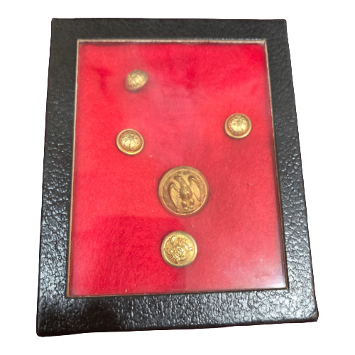 FRAMED DISPLAY OF 5 CIVIL WAR U.S. EAGLE BRASS BUTTONS - OLIVE BRANCH & ARROWS