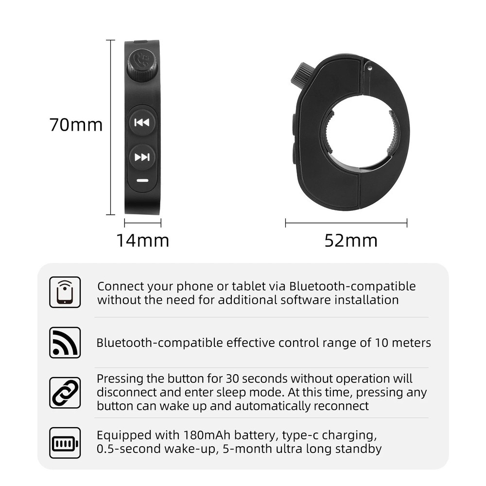 Black Wireless Bluetooth Media Button Remote Controller For Motorcycle Handlebar