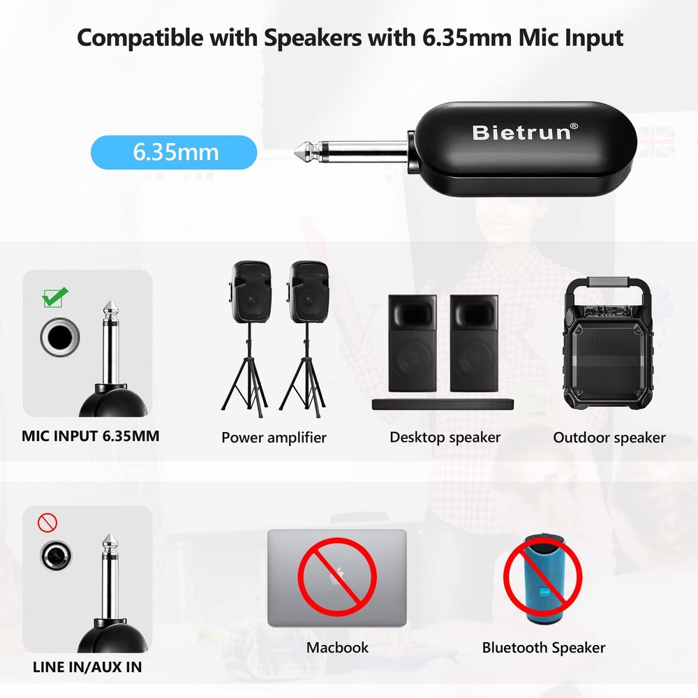 Wireless Microphone Headset with 1/4''Plug, 165ft Range, UHF Wireless Headset...